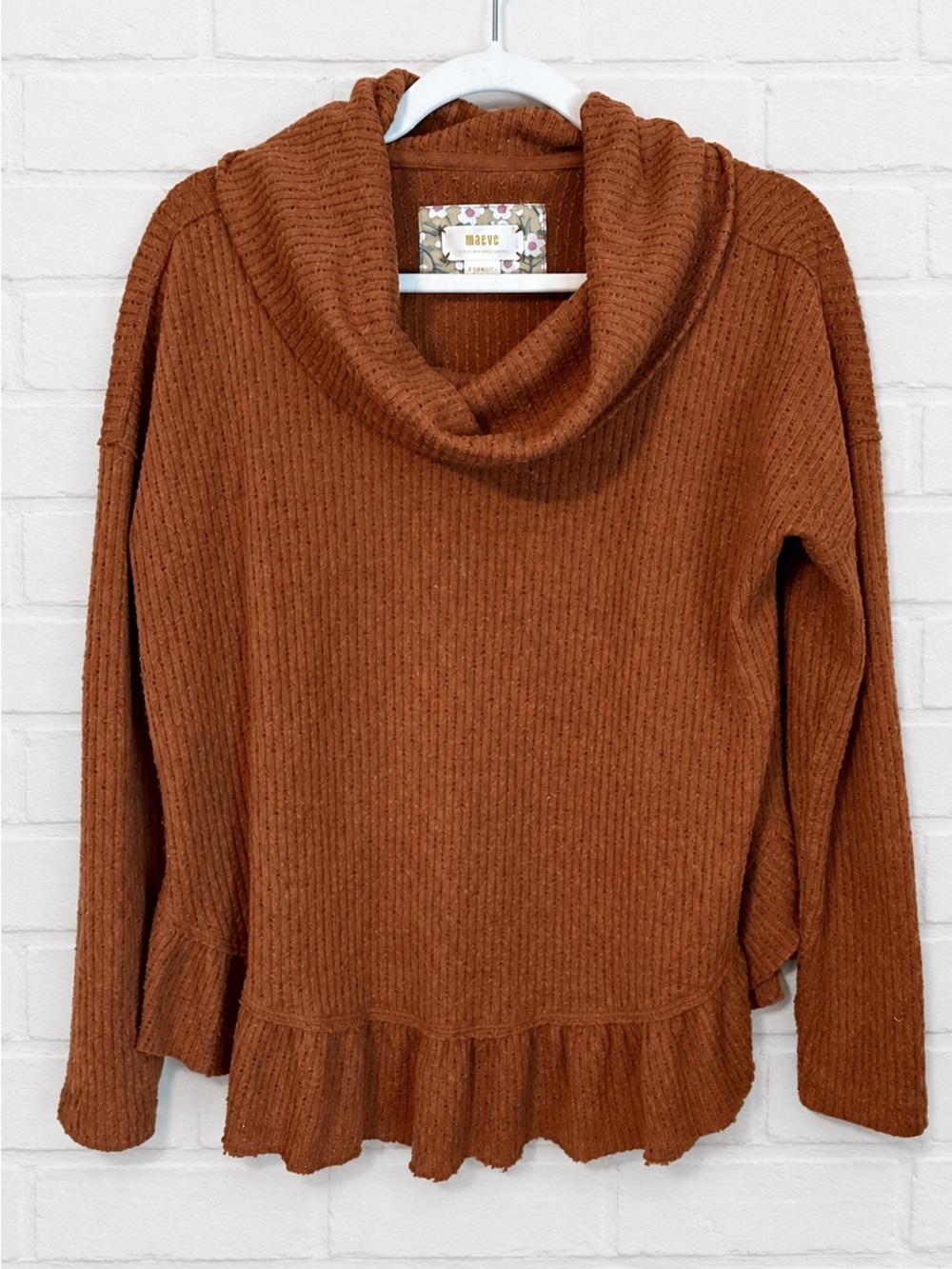 Anthropologie Maeve Rust Cowl Neck Ruffle Hem Knit Sweater Size Small Fall